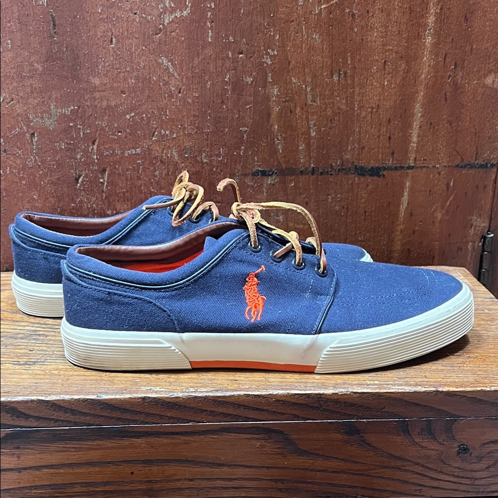 Polo by Ralph Lauren Men's Blue Canvas Sneakers with Orange Logo